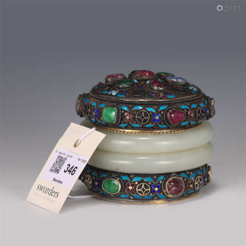 A CHINESE SILVER JADE HARDSTONE INLAIDED JEWELRY BOX/QING DY...