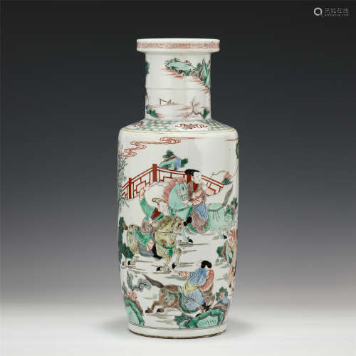 A CHINESE WUCAI FIGURE AND STORY PORCELAIN VERTE VASE/QING D...