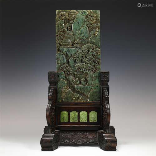 A CHINESE CARVED SPINACH JADE TABLE SCREEN WITH LANDSCAPE MO...