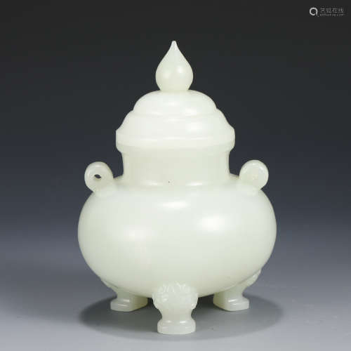 A FINE CHINESE CARVED JADE TRIPLE FOOTS INCENSE BURNER AND C...