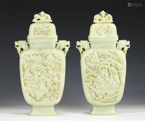 A PAIR OF CHINESE CARVED JADE DOUBLE DRAGON HANDLE VASES/QIN...