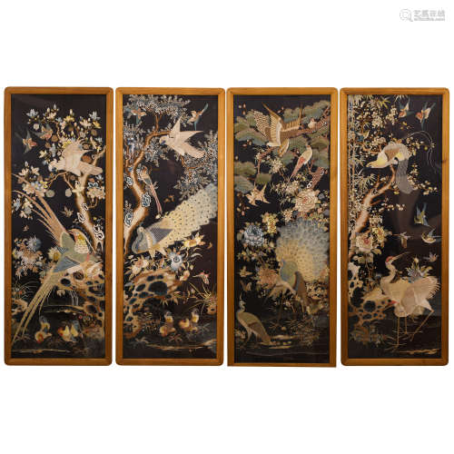 FOUR CHINESE EMBROIDERY SCREENS WITH DECORATED FLOWERS BIRDS...