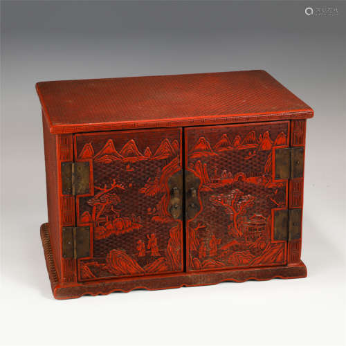 A CHINESE CARVED RED LACQUER DOUBLE DOOR CABINET/QING DYNAST...