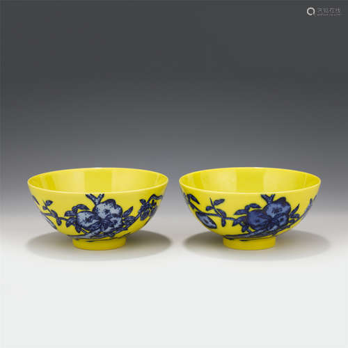 A PAIR OF CHINESE YELLOW GROUND BLUE&WHITE GLAZE PORCELAIN B...