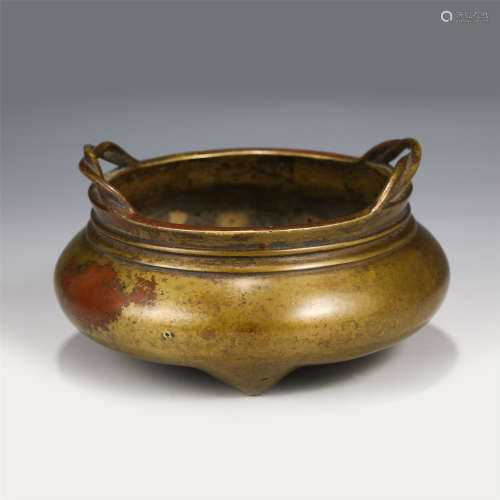 A CHINESE BRONZE DOUBLE HANDLE TRIPLE FOOTS INCENSE BURNER/Q...
