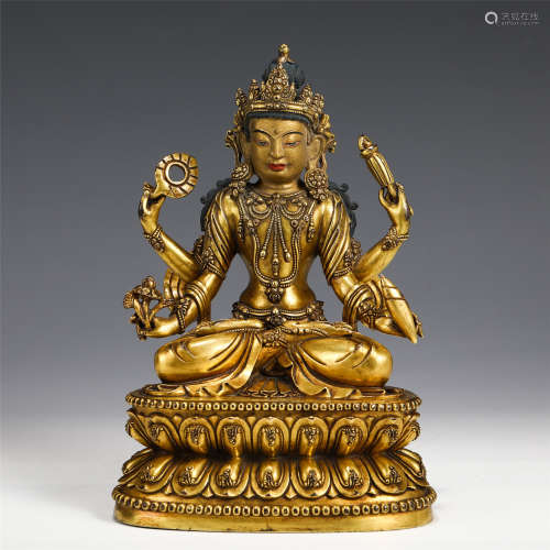 A CHINESE GILT BRONZE OF BUDDHA WITH CORONET ON LOTUS/QING D...