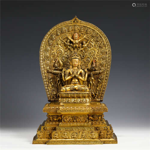 A CHINESE GILT BRONZE OF BUDDHA WITH CORONET IN NICHE/QING D...