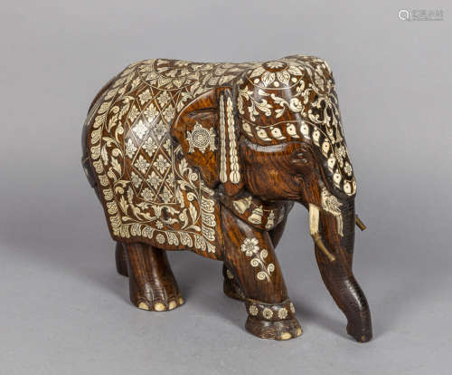 Large Asian Decor Wood Elephant Sculpture Inlaid Bone