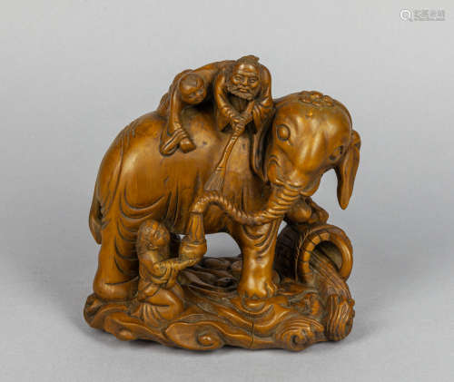 Chinese Boxwood Table Sculpture of Washing Elephant