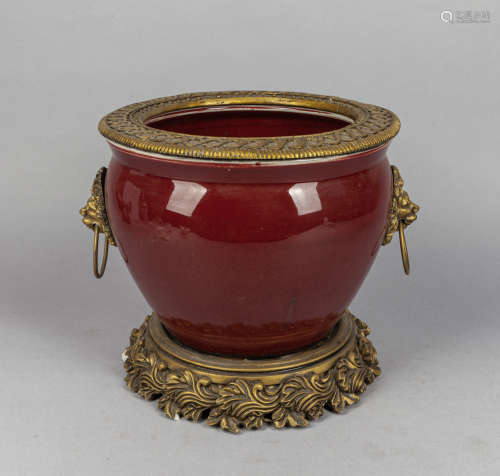 Large Chinese Export Red Glazed Porcelain Pot with Brass Sta...