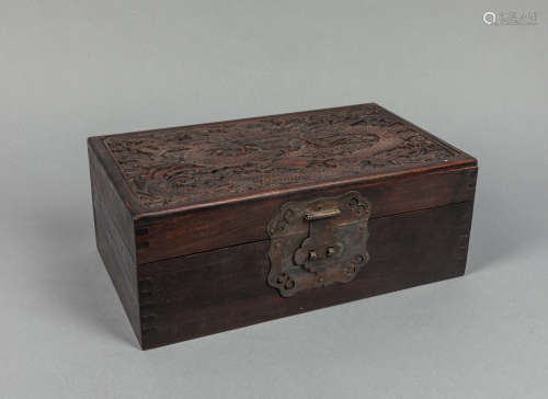 Large Chinese export carved rosewood dragon box