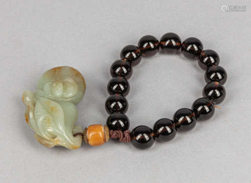 Chinese Pebble Jade Carving w/Tea Crystal Bracelet