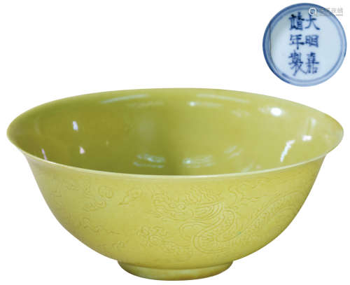 大明年製黃釉碗