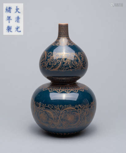 Chinese Enameled Blue Glazed Porcelain Gourd Decor Vase