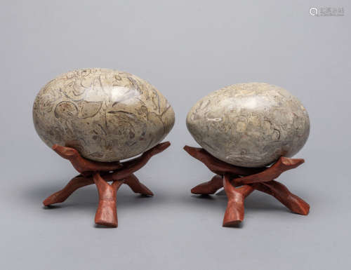 Set Large Fossilized Dinosaur Bones Egg Shape Table Sculptur...