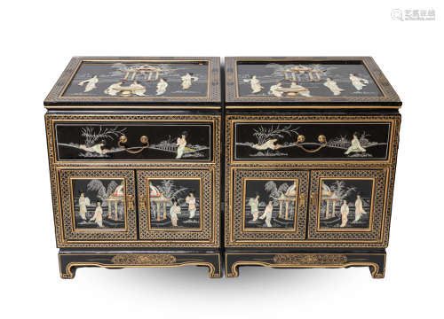 Set Chinese Lacquer-wood Night Tables Inlaid Gem Stone