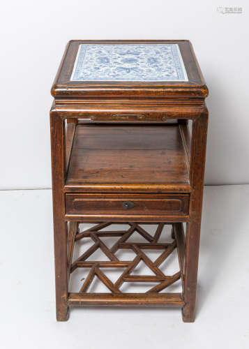 Chinese Old Wood Tall Table Inlaid Porcelain Plaque