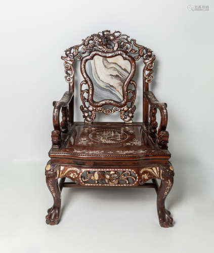 Chinese Rosewood Arm Chair Inlaid Mother of Pearl