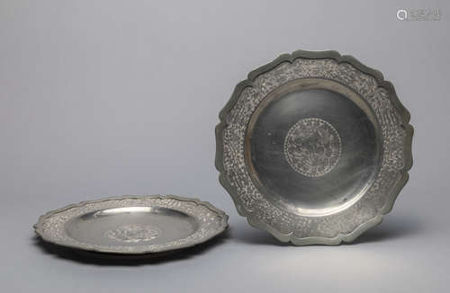 Pairs Chinese Old Pewter Dragon Plates