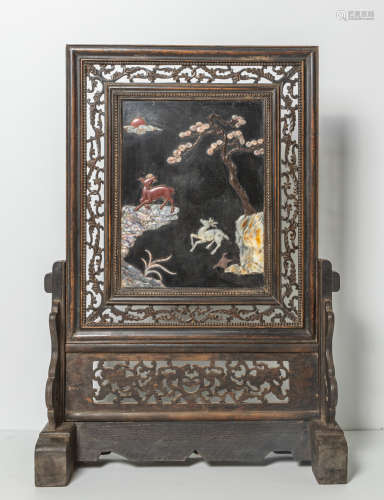 Chinese Wood Table Screen Inlaid Gem Stone