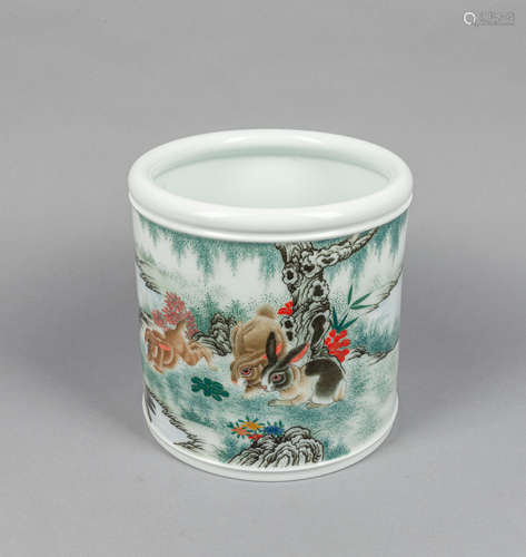 Chinese Hand Painted Famille Rose Porcelain Brush Pot