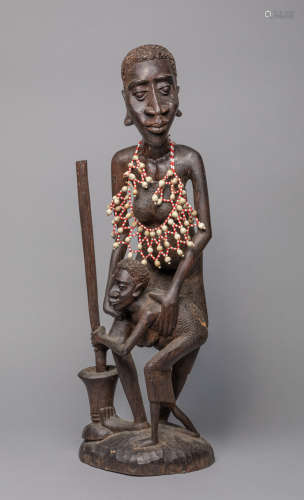 Large African Carved Wood Sculpture of Tribal Dwellers