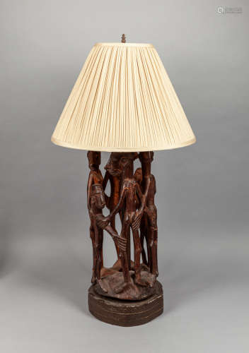 African Carved Wood Sculpture Lamp of Tribal Warrior