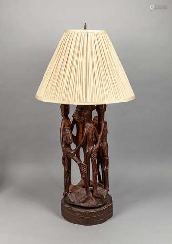 African Carved Wood Sculpture Lamp of Tribal Warrior