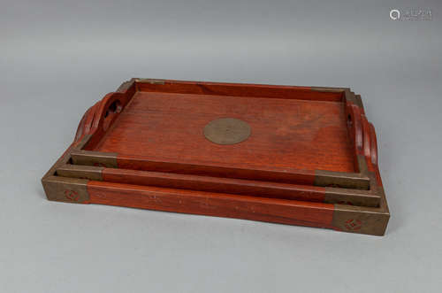 Set Chinese old Rosewood & Brass Tray