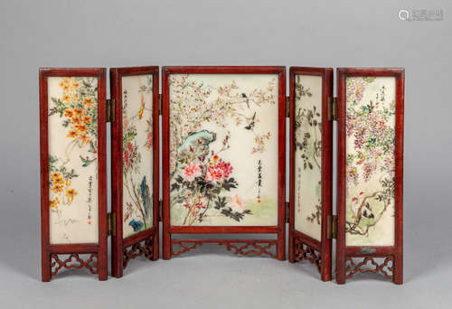 Chinese Wood Marble Folding Table Screen