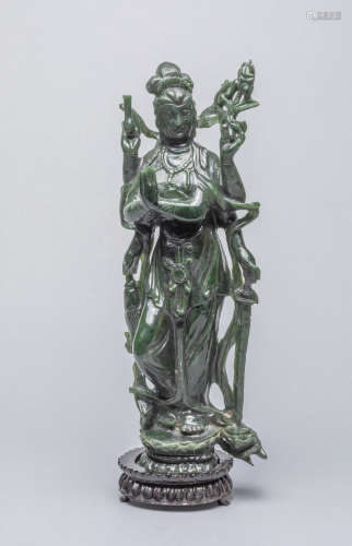 Tall Chinese Old Spinach Jade  Kuanyin