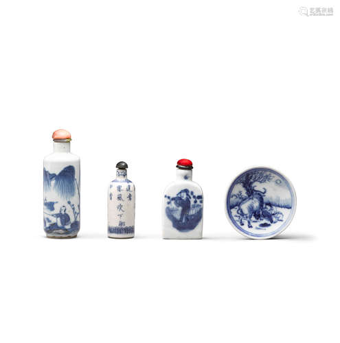 A group of three blue and white porcelain snuff bottles and ...