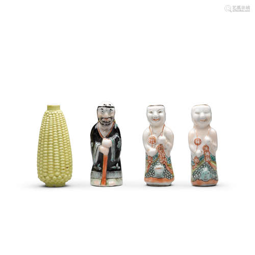 Four molded and enameled porcelain snuff bottles 19th/20th c...