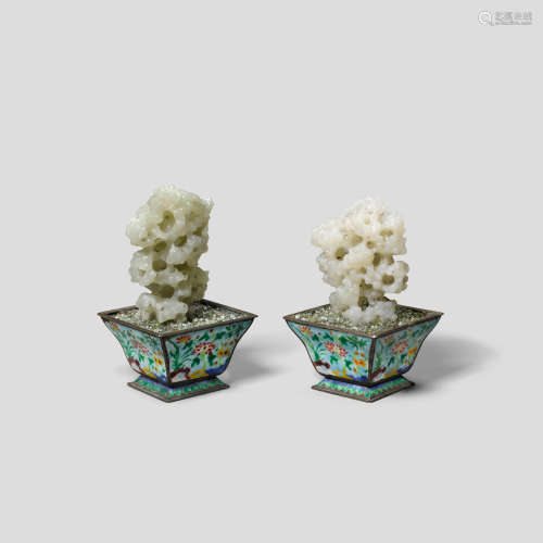 Two hardstone scholar's rocks in enameled planters Late Qing...
