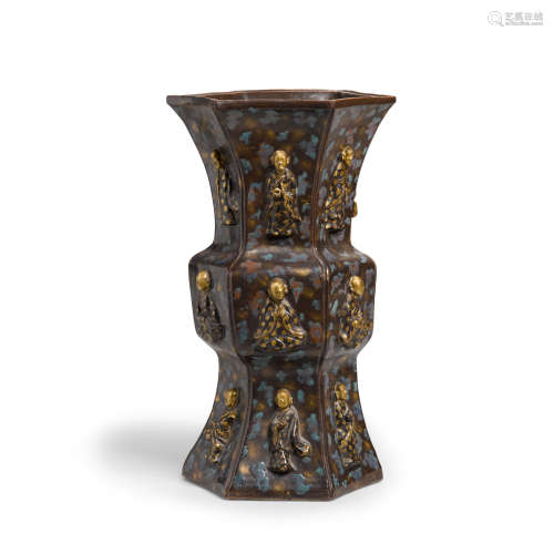 a faux bronze enameled hexagonal porcelain vase Republic per...