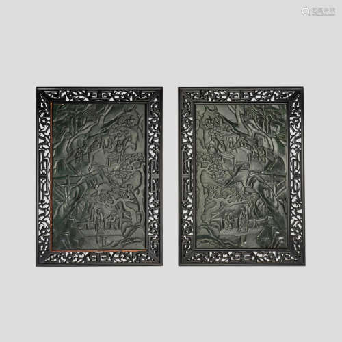 A pair of carved spinach jade screens 20th century