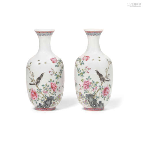 A pair of famille rose enameled porcelain vases Qianlong mar...