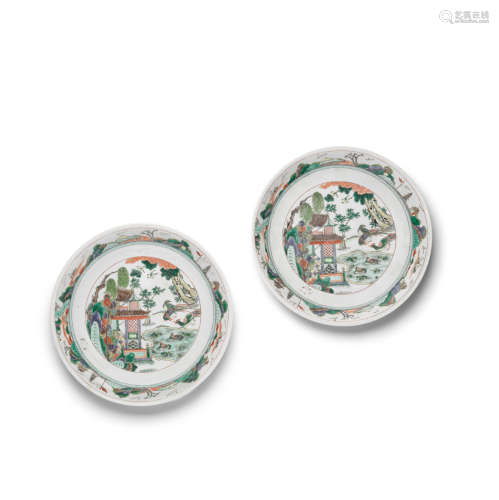 A pair of famille verte enameled porcelain chargers Kangxi m...