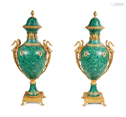 A Pair of Empire Style Gilt Bronze Mounted Malachite