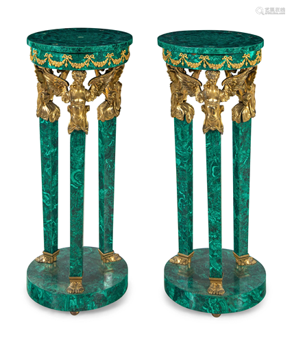 A Pair of Empire Style Gilt Metal Mounted Malachite