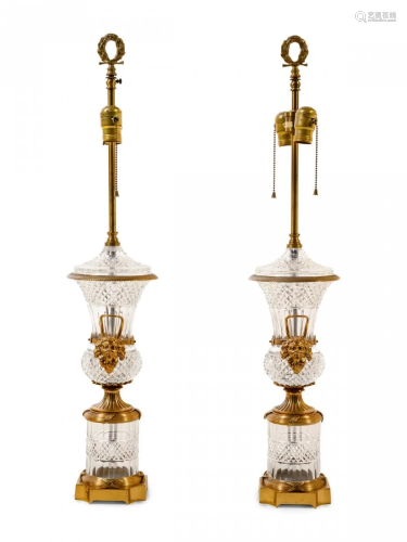 A Pair of Empire Style Gilt Metal and Cut Glass Vases