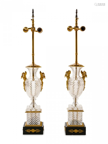 A Pair of Empire Style Gilt Metal and Cut Glass Vases