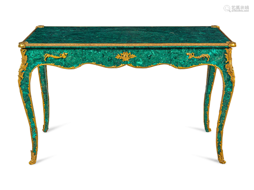 A Louis XV Style Gilt Bronze Mounted Malachite Veneered