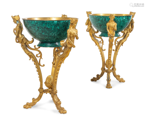 A Pair of Empire Style Gilt Bronze and Malachite