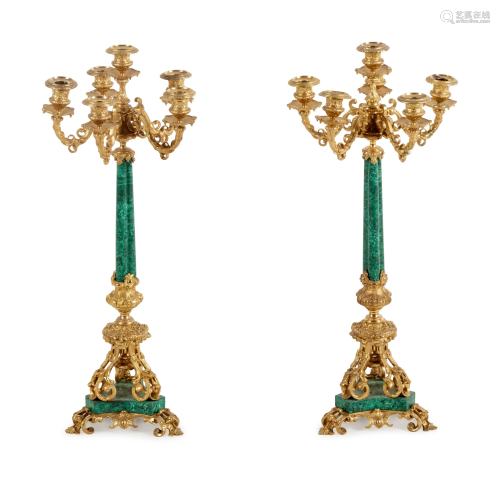 A Pair of French Gilt Bronze and Malachite Six-Light