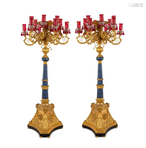 A Pair of Monumental Empire Style Gilt Bronze and Lapis