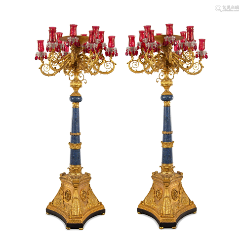 A Pair of Monumental Empire Style Gilt Bronze and Lapis