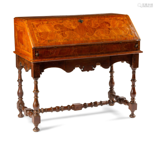 A German or Austrian Walnut and Marquetry Slant-Front