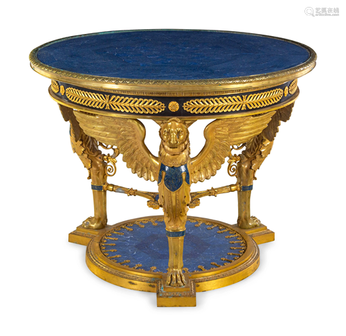 An Empire Style Gilt Bronze and Lapis Lazuli Veneered