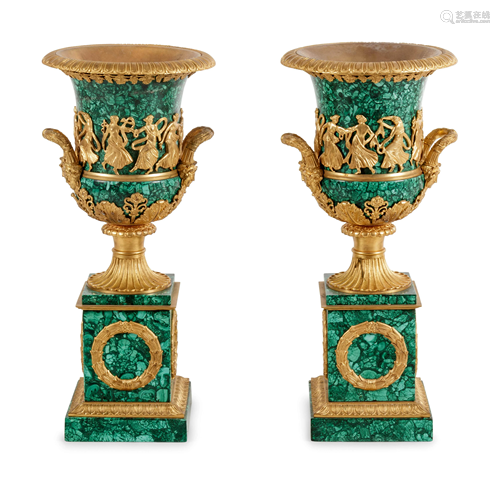 A Pair of Empire Style Gilt Bronze Mounted Malachite